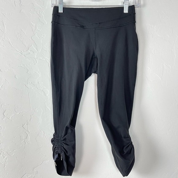 Lucy Leggings Hatha‎ Collection Crop Capri Solid Black Ruched Ankle Tie Powermax - Picture 1 of 8